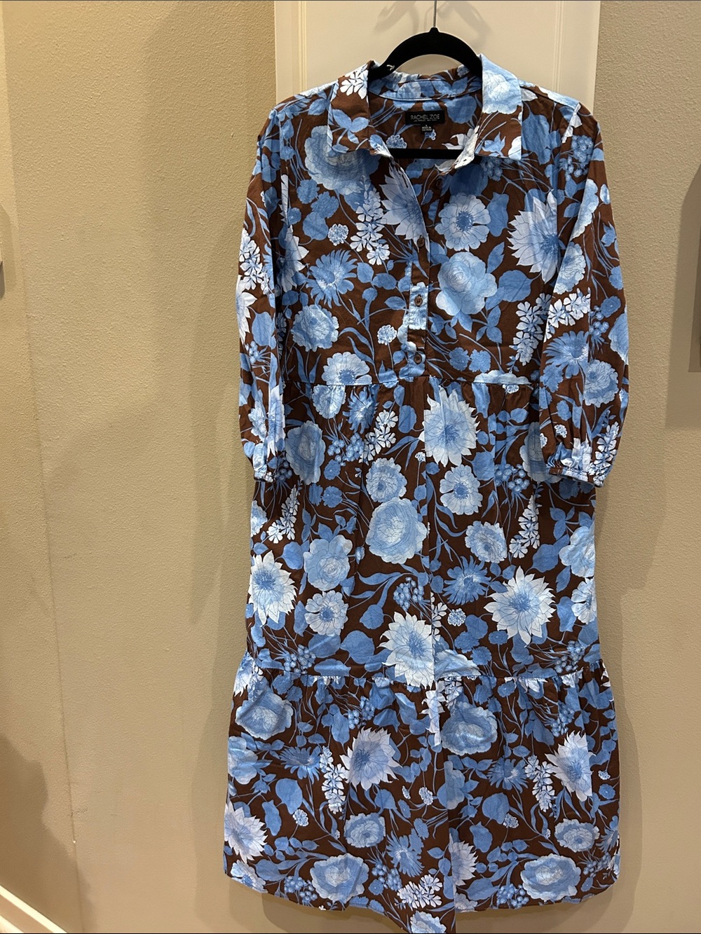 Rachel Zoe Blue Floral Midi Shirt Dress on Brown